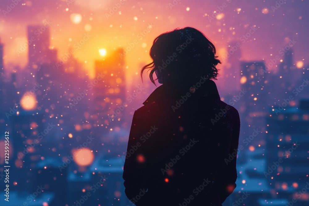 Silhouette of a woman standing in a snowy city at sunset, feeling melancholic and introspective. Silhouette of a woman standing in a snowy city at sunset, feeling melancholic and introspective.