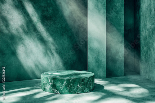 Elegant green marble pedestal with light and shadow effects in a minimalistic interior, showcasing luxury, modern design, and space for display or product mockups photo