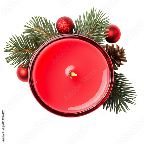 Christmas Candle with Pine and Ornaments - Top View