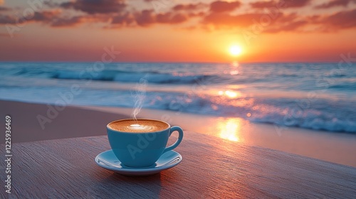 Sunrise beach coffee, ocean view, calm morning