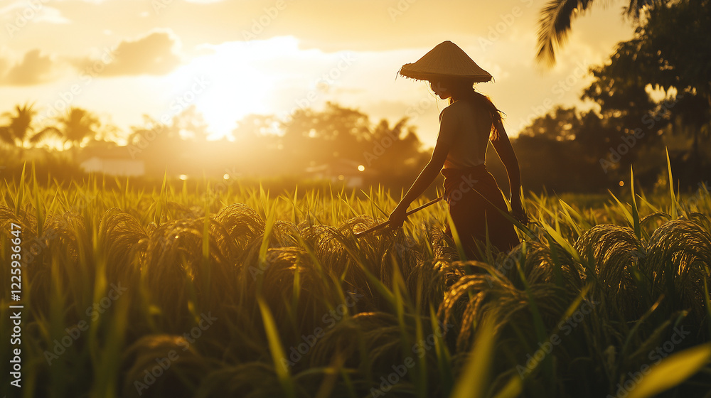 Fototapeta premium Female Farmer Harvesting Crops in a Lush Field
