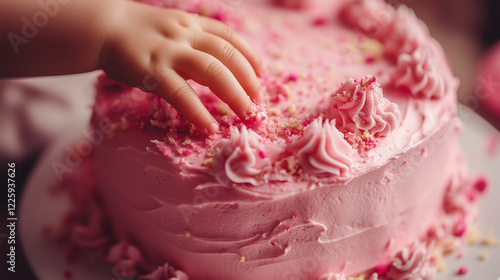 Wallpaper Mural A child's hand gently touches the pink first birthday cake.  Torontodigital.ca