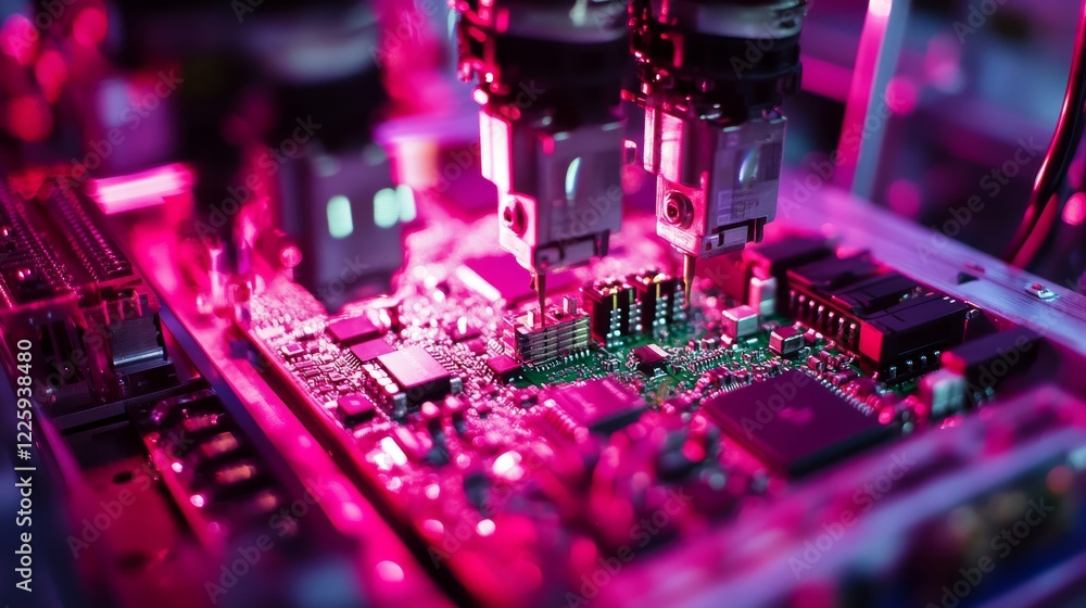 Advanced High Precision Robot Arms on Fully Automated PCB Assembly Line Inside Modern Electronics Factory. Electronic Devices Production Industry. Component Installation on Circuit Board Advanced High Precision Robot Arms on Fully Automated PCB Assembly Line Inside Modern Electronics Factory. Electronic Devices Production Industry. Component Installation on Circuit Board