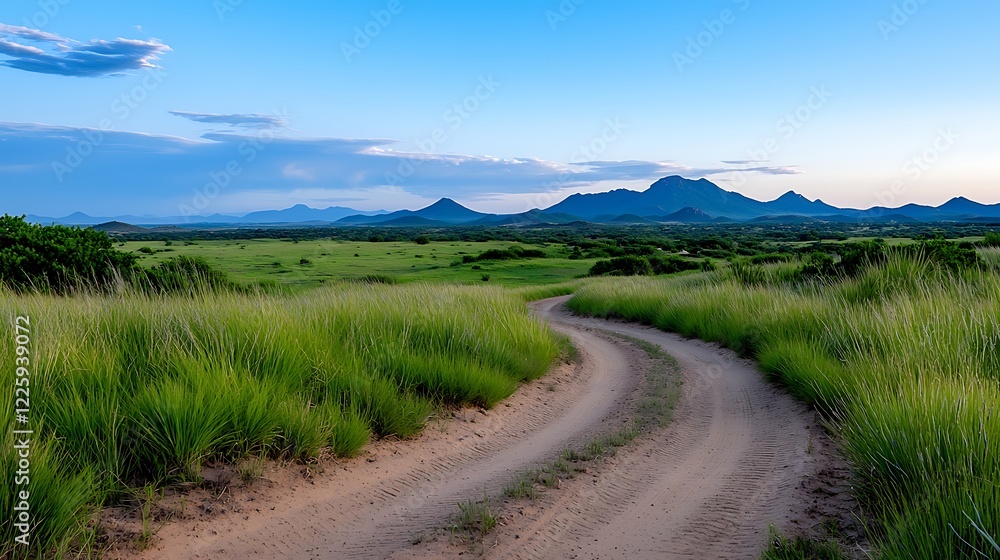 Serene Summer Landscape with Winding Dirt Road and Distant Mountains Serene Summer Landscape with Winding Dirt Road and Distant Mountains