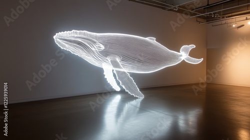 Illuminated wireframe whale sculpture in art gallery photo