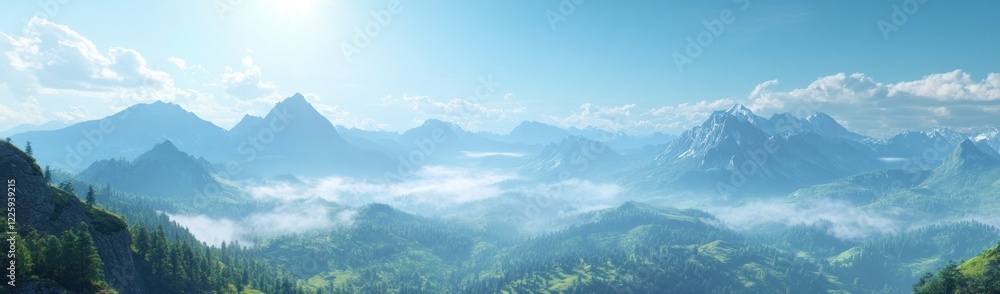 Majestic Mountain Panorama: A Serene Vista of Alpine Peaks and Misty Valleys Majestic Mountain Panorama: A Serene Vista of Alpine Peaks and Misty Valleys