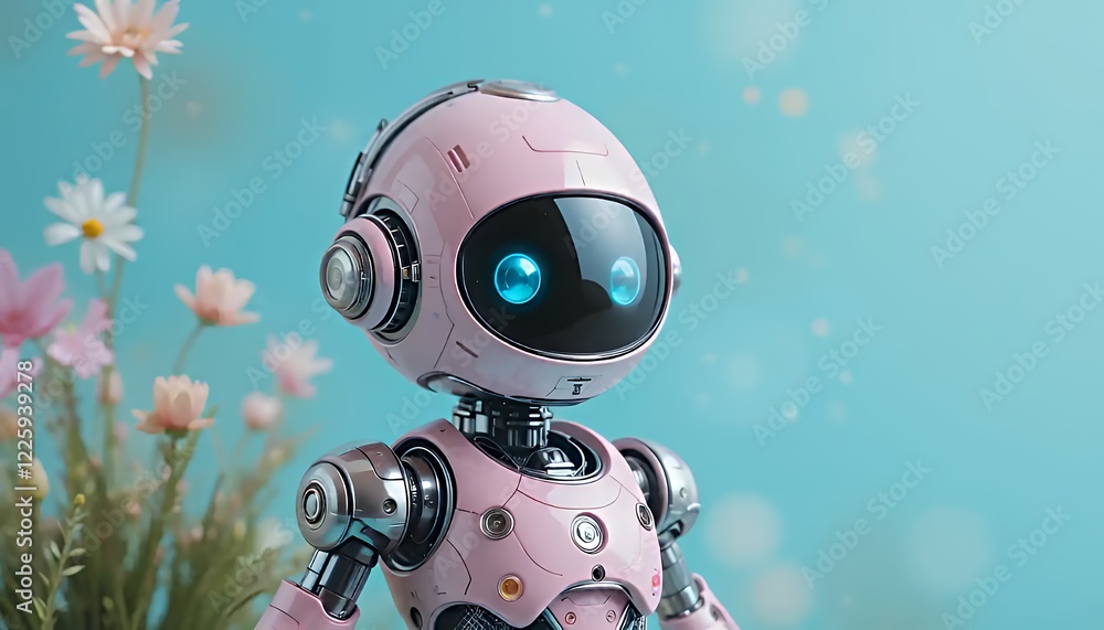 Close Up of a Pink Robot Amidst Daisies Against a Light Blue Background Close Up of a Pink Robot Amidst Daisies Against a Light Blue Background