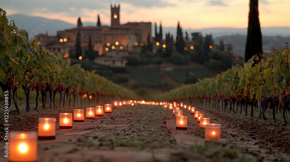 Obraz premium Romantic Vineyard at Sunset with Candles Leading to a Medieval Village