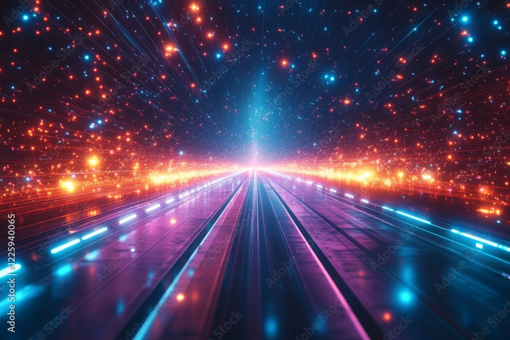Obraz premium Colorful light trails create a futuristic atmosphere in a cosmic landscape with vibrant stars
