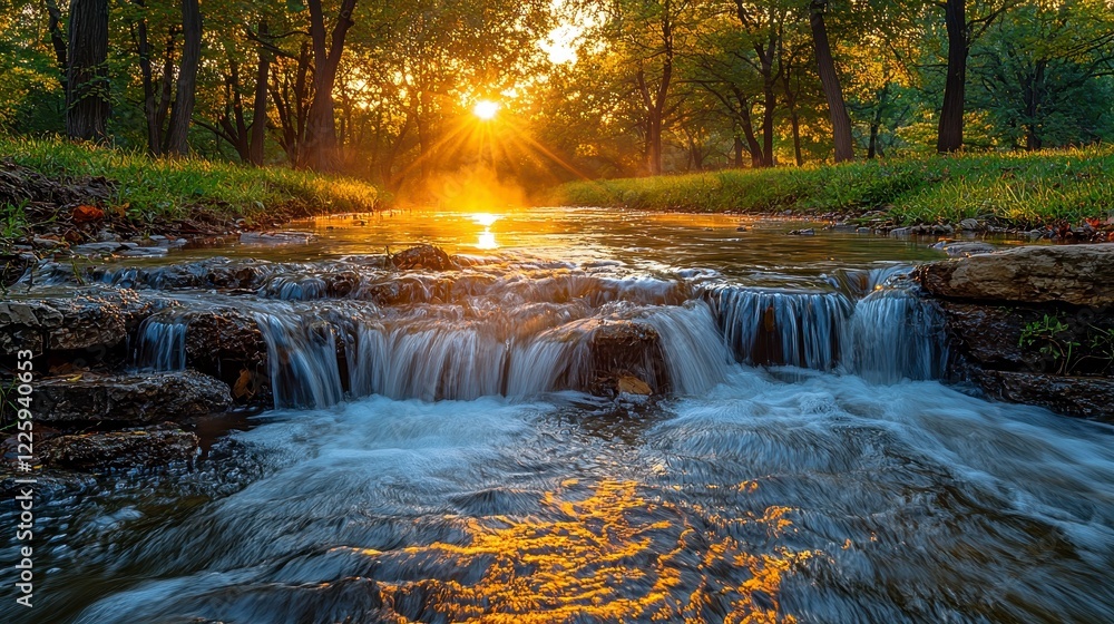 Sunrise over autumn creek, golden light, calm water, peaceful nature scene, ideal for nature calendars Sunrise over autumn creek, golden light, calm water, peaceful nature scene, ideal for nature calendars