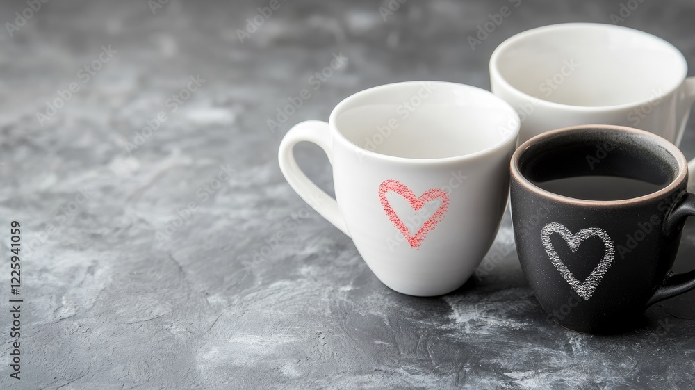 Three coffee mugs with heart designs on textured surface Three coffee mugs with heart designs on textured surface