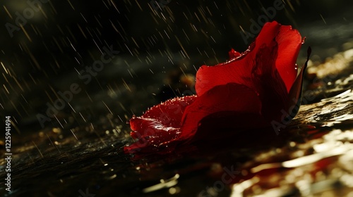 Red flower petal in rain drops, moody lighting.