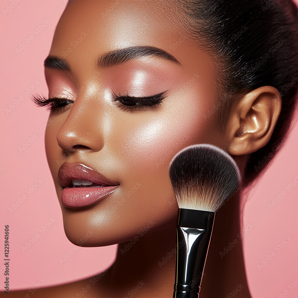 Close-up of a young woman applying blush with a makeup brush on a pink background, emphasizing beauty, skincare, and self-care in modern cosmetic trends Close-up of a young woman applying blush with a makeup brush on a pink background, emphasizing beauty, skincare, and self-care in modern cosmetic trends