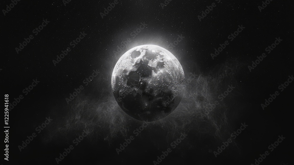 Fototapeta premium Glowing full moon in dark space, cosmic clouds background; ideal for astronomy, science, or fantasy art