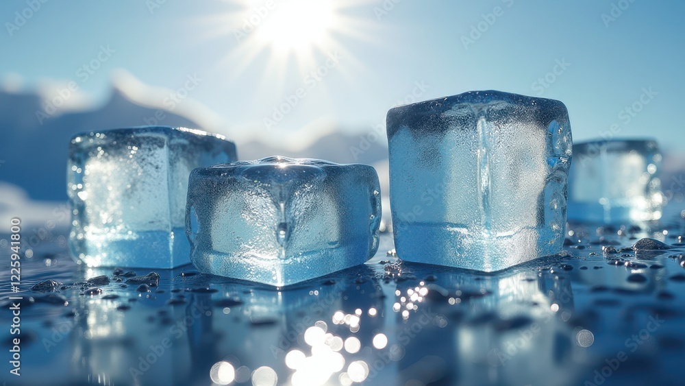 Fresh ice cubes melting on a snowy surface with water droplets in soft light	