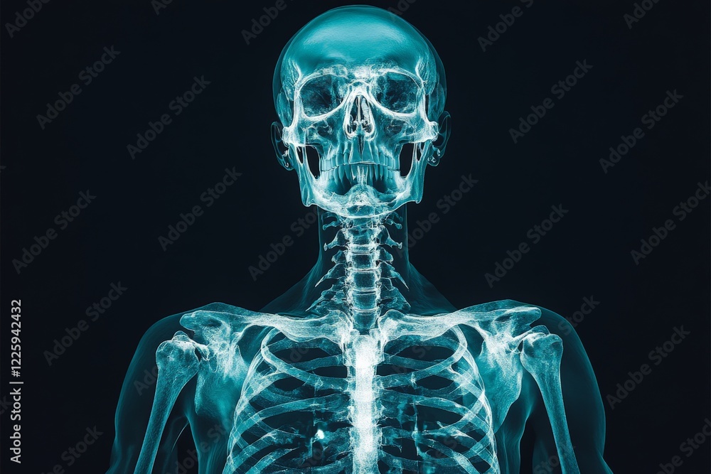 Detailed view of a human skeleton illuminated against a dark background showcasing bone structure and anatomy Detailed view of a human skeleton illuminated against a dark background showcasing bone structure and anatomy