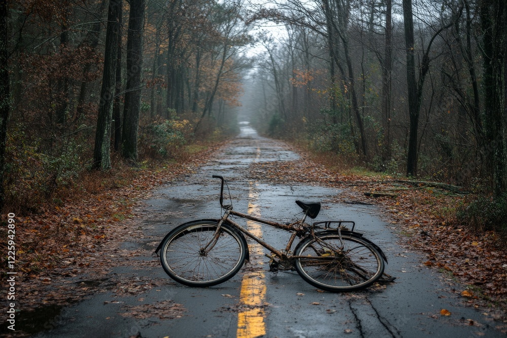 Abandoned bicycle on a misty forest path with fallen leaves in autumn Abandoned bicycle on a misty forest path with fallen leaves in autumn