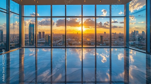 Sunset cityscape view from skyscraper floor-to-ceiling windows