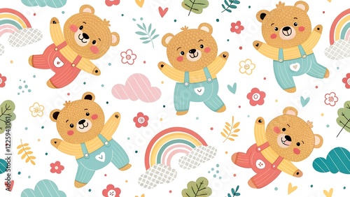 colorful seamless pattern for kids with funny teddy bears
