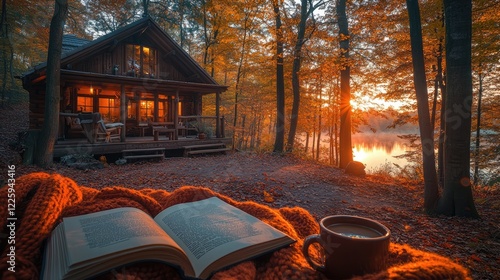Autumn cabin sunrise lake reading