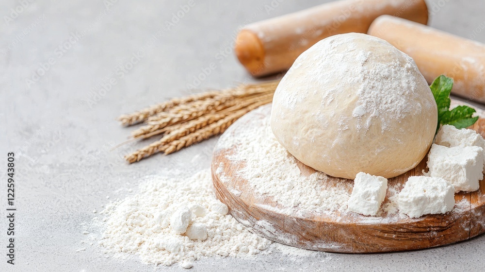 Dough, cheese, and wheat on wooden board. Baking preparation. Food blog use Dough, cheese, and wheat on wooden board. Baking preparation. Food blog use