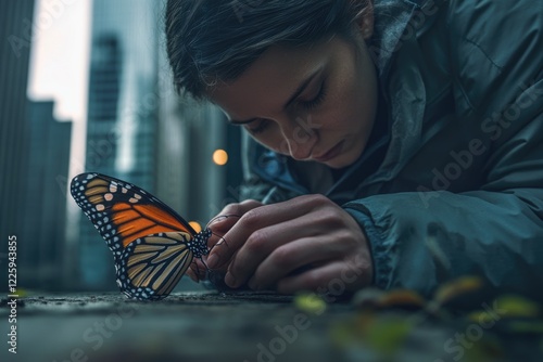 A woman gently holds a monarch butterfly, showcasing fragility and urban nature's coexistence. photo