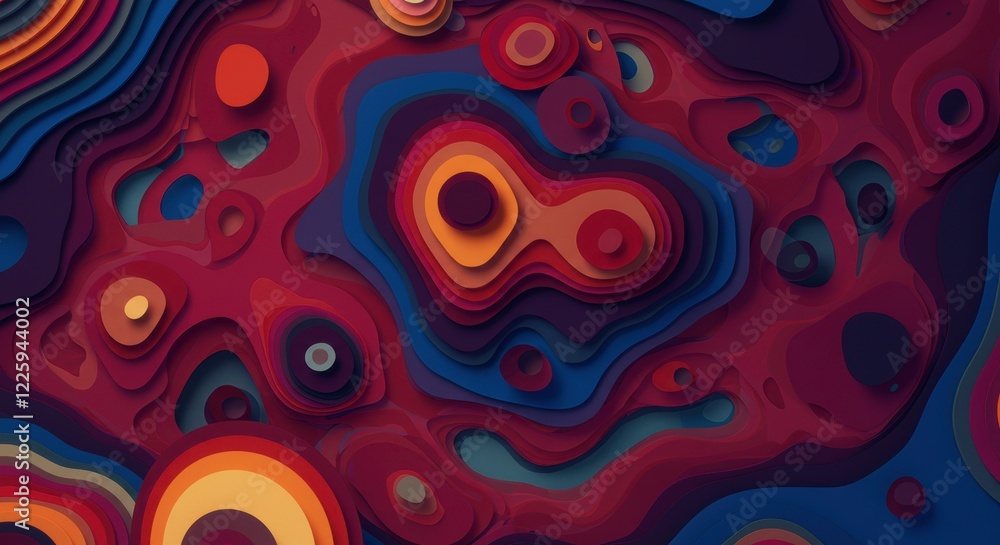 Abstract Topographic Layers: An artistic and captivating illustration, showcasing a multicolored topography with concentric circles and layered shapes, rendered with a palette of warm tones. Abstract Topographic Layers: An artistic and captivating illustration, showcasing a multicolored topography with concentric circles and layered shapes, rendered with a palette of warm tones.
