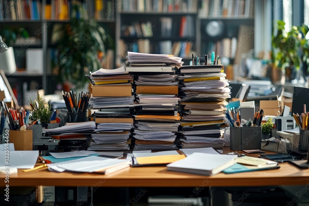 Busy office workspace filled with stacks of paperwork and stationery in a well-lit environment Busy office workspace filled with stacks of paperwork and stationery in a well-lit environment