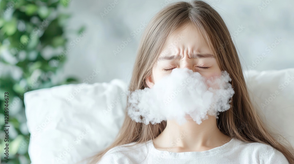 Girl coughing, vaping indoors, bedroom background, health risk Girl coughing, vaping indoors, bedroom background, health risk