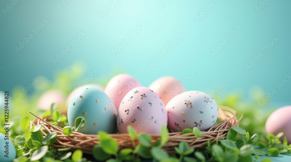 Vivid Easter eggs with floral designs resting in a nest surrounded by greenery on a pastel blue background. Vivid Easter eggs with floral designs resting in a nest surrounded by greenery on a pastel blue background.