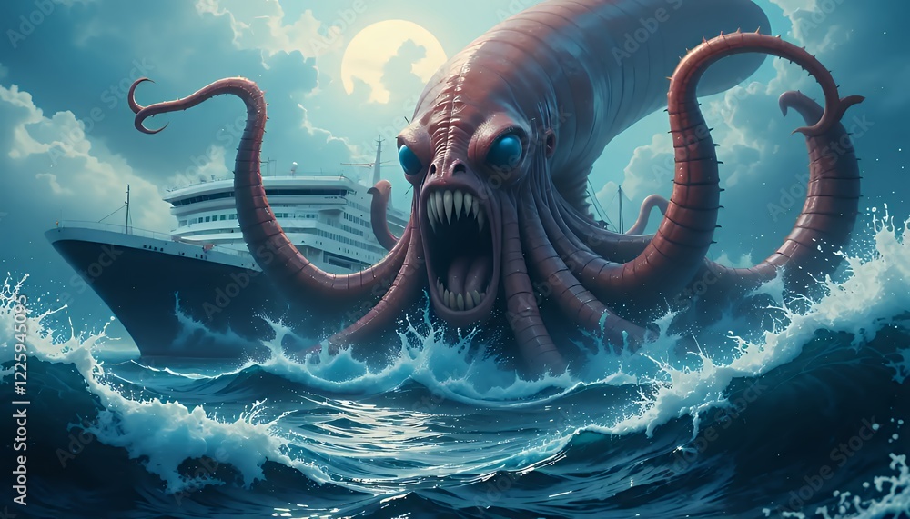 Obraz premium Gigantic Red Kraken Attacking Cruise Ship at Night Under a Full Moon