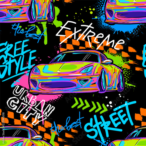 Abstract seamless grunge pattern for guys. Urban style modern background with bright neon spots car on black color
