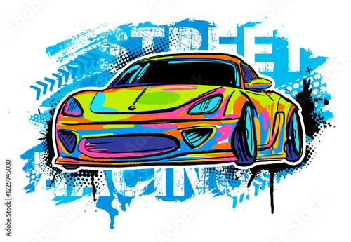 Urban style modern t-shirt  design with sport car. Sport extreme grunge  illustration for guys on white background. Graffiti words and street art