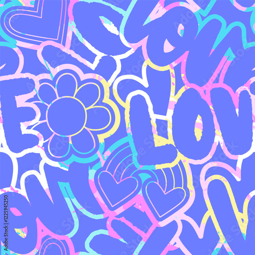 Abstract seamless chaotic pattern with word "love, flower, rainbow. Bright vector background. Cute Wallpaper for girls.