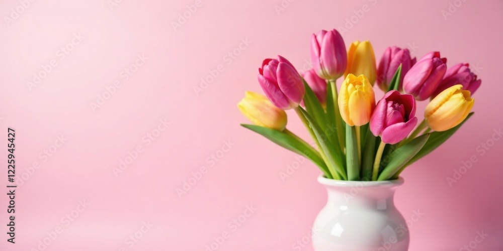 A Delicate Bouquet of Pink and Yellow Tulips in a Simple White Vase against a Soft Pink Background A Delicate Bouquet of Pink and Yellow Tulips in a Simple White Vase against a Soft Pink Background