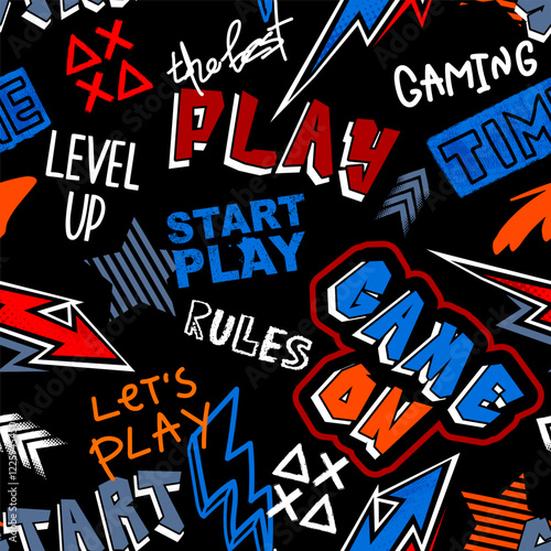 Seamless abstract pattern with joystick game and graffiti words. Bright colorful  vector Print for boys.