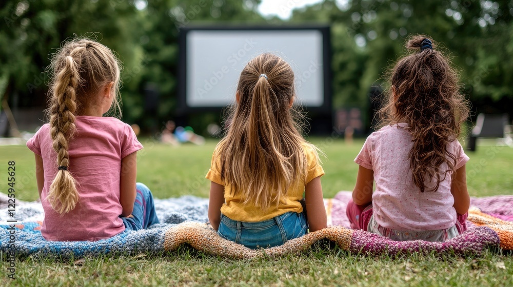Fototapeta premium Girls watch outdoor movie on summer evening