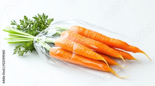 Fresh carrots in plastic bag on white background