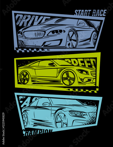 Urban style modern t-shirt  design with sport cars. Sport extreme grunge  illustration for guys on black background.