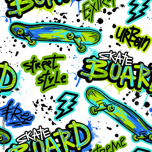 Grunge illustration with skateboard,  joystick game and graffiti words on white background  for boys. Fashion urban style. Boys slogan. Cool typography art design vector