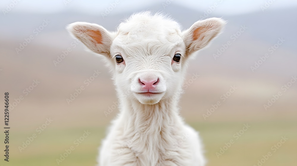 Fototapeta premium Adorable White Lamb Close Up Portrait in Field