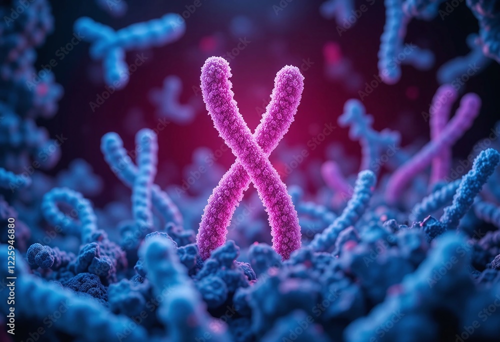 Obraz premium Detailed, colorful representation of chromosomes, focusing on a prominent pink chromosome at the center amid blue ones, ideal for educational purposes.