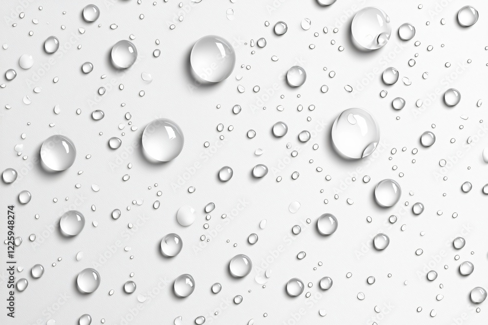 Close-up of transparent water droplets on a smooth white surface, creating a fresh and clean aesthetic Close-up of transparent water droplets on a smooth white surface, creating a fresh and clean aesthetic