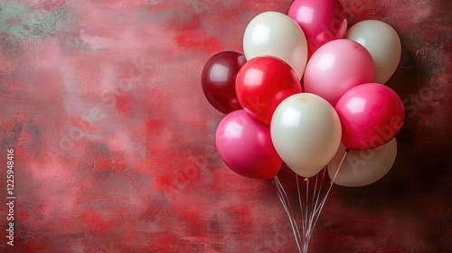 Romantic Pink and Red Balloons on a Rustic Background