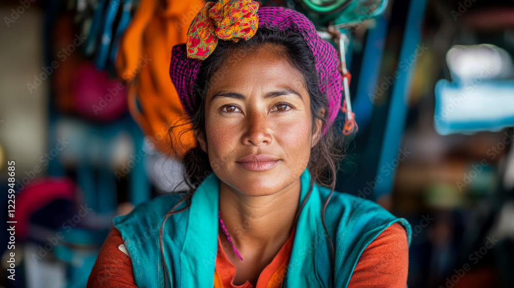 Fototapeta premium Portrait of a Serene Woman in Colorful Headscarf