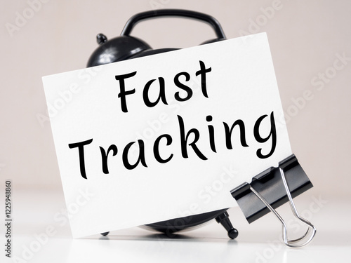 Fast Tracking text meaning on white note paper background alarm clock