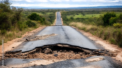 Severe Road Damage Asphalt Crack Huge Hole Rural Landscape