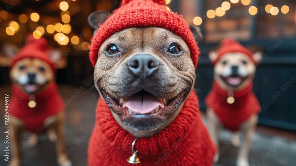 Three enthusiastic dogs wearing matching red sweaters and hats pose happily in front of a well-decorated outdoor setting filled with warm lights, showcasing their festive spirit Three enthusiastic dogs wearing matching red sweaters and hats pose happily in front of a well-decorated outdoor setting filled with warm lights, showcasing their festive spirit