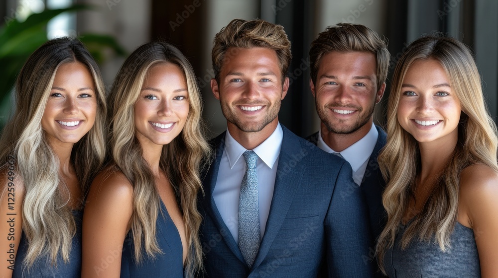 Five friends are smiling and posing closely together in upscale clothing. Bright lighting enhances the joyful expressions as they enjoy each other's company indoors Five friends are smiling and posing closely together in upscale clothing. Bright lighting enhances the joyful expressions as they enjoy each other's company indoors
