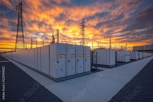 Energy storage facility under a vibrant sunset with power lines in the background